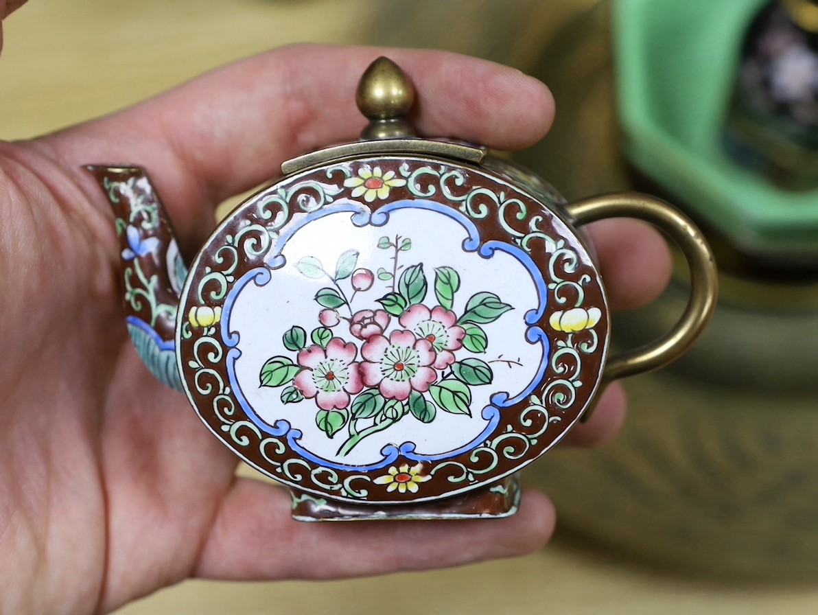 A group of Chinese cloisonné enamel and Guangzhou enamel vases, bowls and miniature tea pots together with a bronze dish, 27.5cm